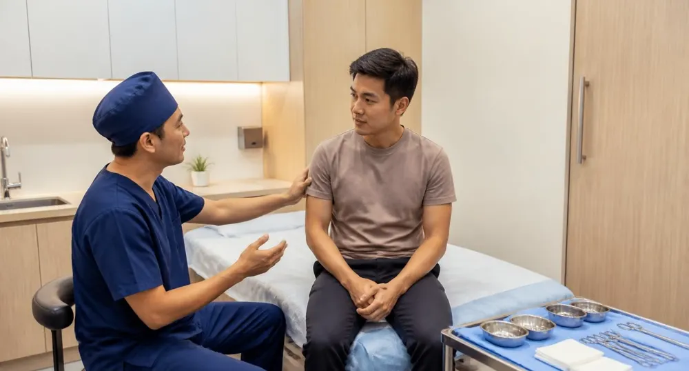Doctor reassuring a client before adult circumcision at SuamiSihat Clinic